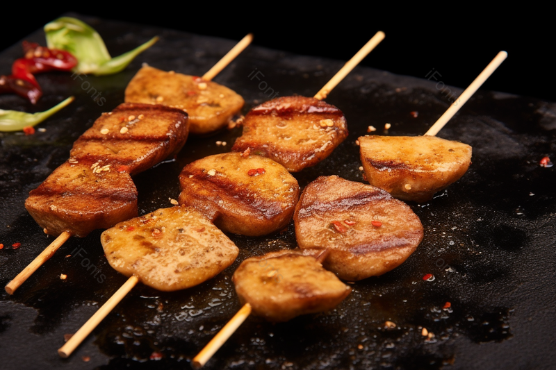 三串美味的铁板烧烤烤土豆片黑色背景,高清,摄影图,摄影图片,图片大全,摄影图免费下载